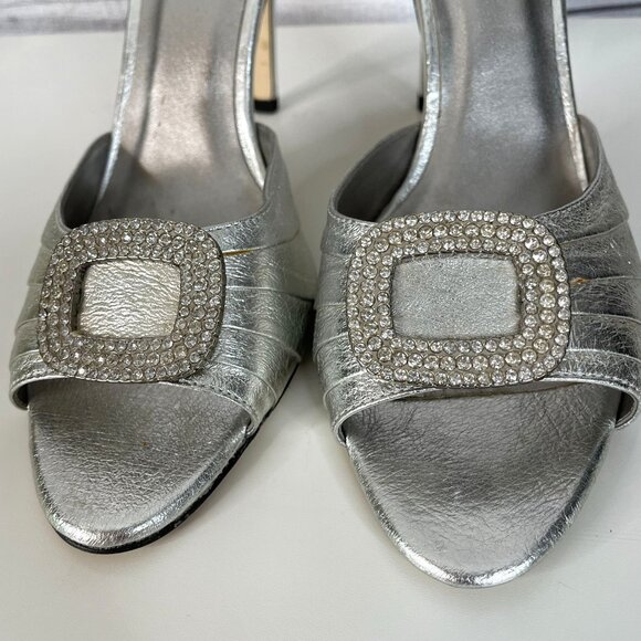 J. Renee Heels Y2K Metallic Peep Toe Heels 9.5 Silver HOCO Cocktail Formal 3.5" - Picture 2 of 12